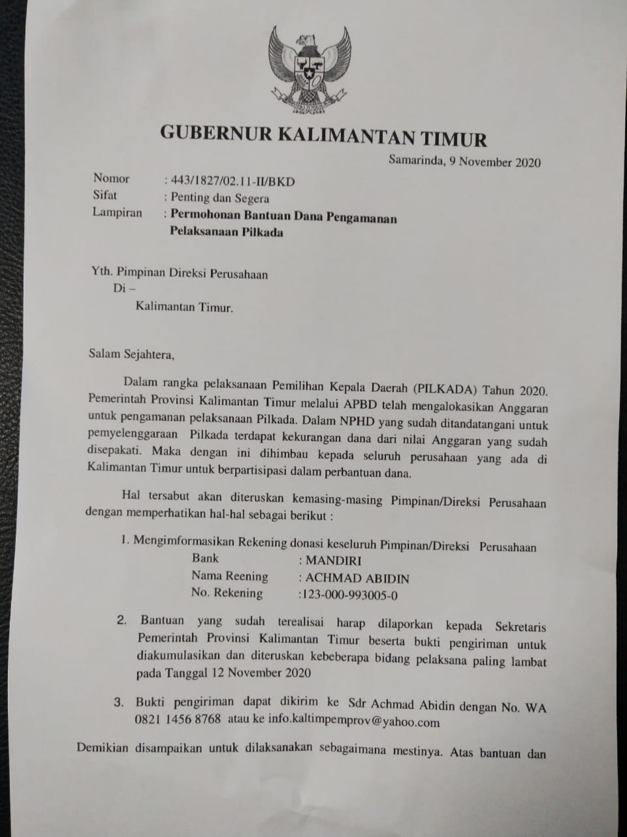 Awas, Penipuan Atas Nama Gubernur : Minta Sumbangan Perusahaan Untuk Pilkada