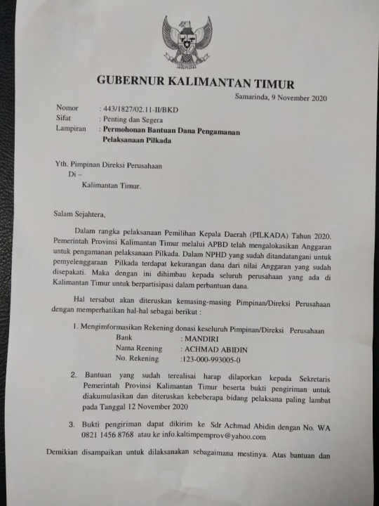 Awas, Penipuan Atas Nama Gubernur : Minta Sumbangan Perusahaan Untuk Pilkada